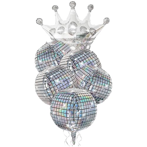 Image of Holographic Mirror Disco Ball Set, 18-Inch Glass Tiles, Party Decoration with Silver Crown Balloon