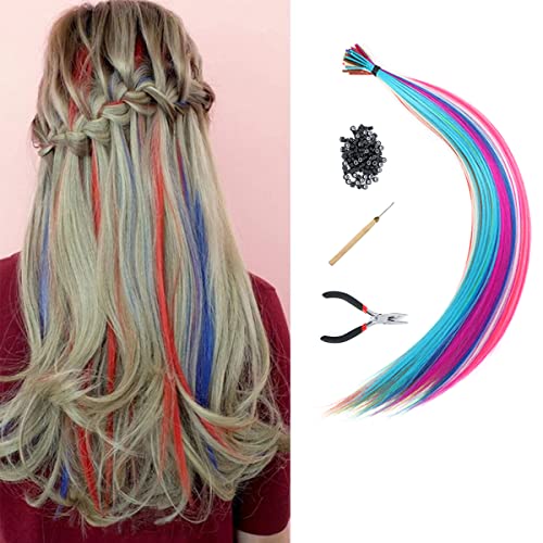 Vlliyava Synthetic I Tip Keratin Fusion Hair Extensions Kit Various Colors 18 Inch 100 Strands Pack Keratin Tip Stick Hair Extensions with 100 Pcs 5mm Silicone Lined Micro Rings Links Beads, 1 Pcs Hook Needle, 1 Pcs Plier