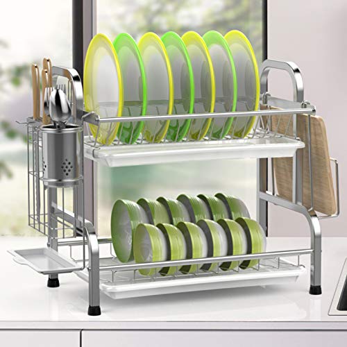 Dish Drying Rack, iSPECLE 304 Stainless Steel 2-Tier Dish Rack with Utensil Holder, Cutting Board Holder and Dish Drainer for Kitchen Counter