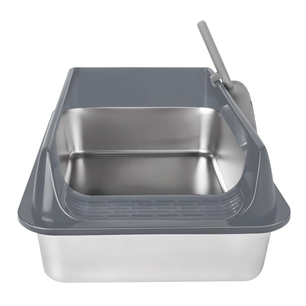 Caja de arena para gatos de acero inoxidable XL, acero inoxidable, 30 L, gran capacidad, a prueba de fugas, con borde alto, abierta con pala (gris, 50 x 35 x 24 cm, XL)