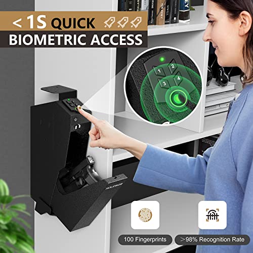 Image of HOLEWOR Gun Safe, Biometric Gun Safe for Handgun Drop Down Pistol Safe Mounted Single Handgun Safe with Fingerprint, Passcode, Key Access for Nightstand, Desk, Bedside