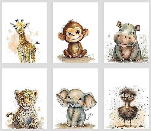 Image of calmart Safari Animals Wall Art - Set of 6 Unframed Wall Prints - Baby Nursery Decor for Boys Girls