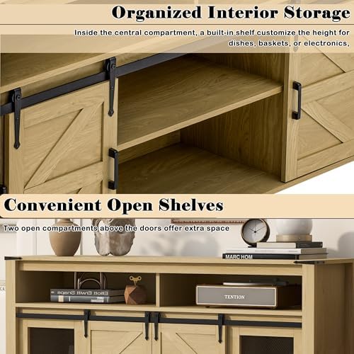 59.3'' Farmhouse Sideboard with Sliding Barn Door & Mesh Panels - Rustic Buffet Storage for Living Room, Kitchen, Hallway, Office (Brown & White)