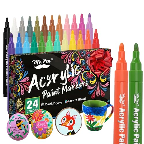 Mr. Pen- Acrylic Paint Markers, 24 Pack, Colorful, Paint Pens for Rock, Fabric, Wood, Glass, Craft, Decoration, Stocking Stuffers, Scrapbook Supplies, Art Supplies
