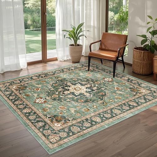 Brevonox Alfombra vintage para sala de estar, lavable a máquina, para dormitorio, comedor, suelo, suave, antideslizante, con respaldo floral, para oficina (verde bosque, 6 x 9 pies)