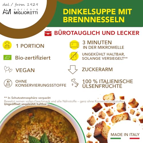 Agricola Miglioretti Bio-Dinkel-Brennnessel-Suppe – In 3 Minuten Servierfertig – Vegan, Glutenfrei und Ohne Konservierungsstoffe für eine Gesunde und Köstliche Mahlzeit - 3 Portionen