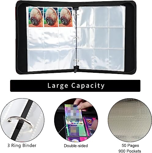 Image of Baseball Card Binder with Sleeves, 900 Pocket Baseball Card Holder for Trading Cards, 9 Pocket with 50 Removable Sleeves Zipper Book Folder Collector Album 3 Ring Binder Organizer Storage Kids Gift