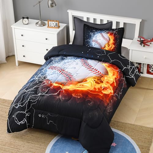 Image of Andency 3D Baseball Comforter Twin(66x90 Inch), 2 Pieces(1 Baseball Comforter, 1 Pillowcase) Sport Polyester Baseball Bedding Set for Boys Kids Teens