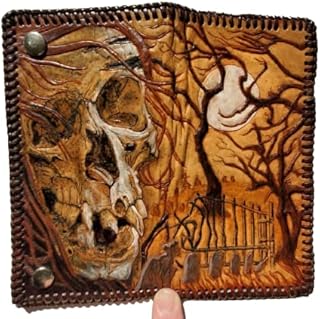 KILLER Skull & Cemetary Custom Hand Carved & Dyed Leather Biker Wallet, Long Wallet, biker wallet, Natural leather Carved, 3D Genuine Leather Wallet, Leather Carving Wallet