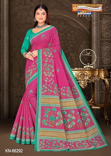 Image of Karishma Pure Cotton Mulmul (Stiff) Saree With Floral Print And Small Border. (Pink)
