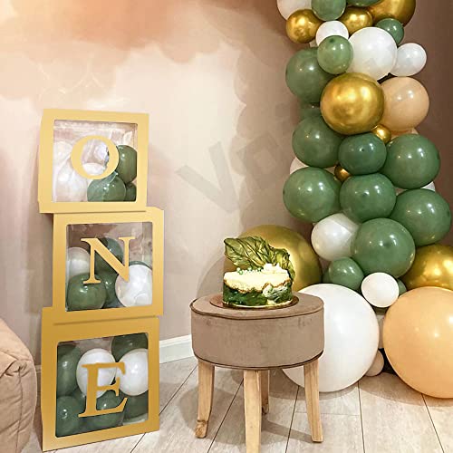 Image of Sooyee Gold First Birthday Decorations for Girl or Boy,3 Pcs ONE Balloon Boxes for 1st Birthday Girl Decoration,Baby Cube Blocks Party Decor with ONE Letters for Photoshoot Props, Cake Smash Backdrop