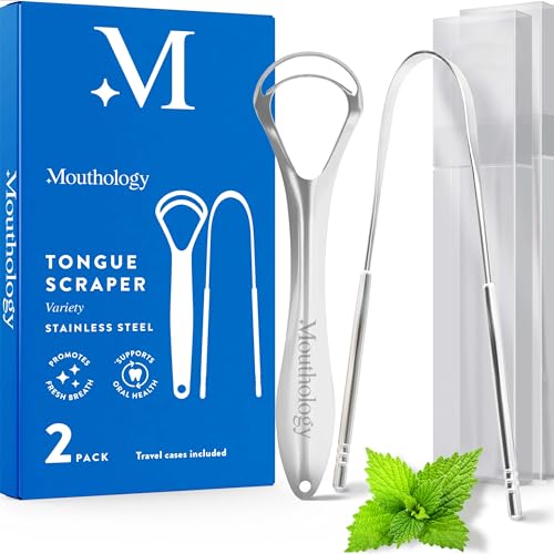 Mouthology Tongue Scraper Stainless Steel Metal Tongue Scraper for Tongue Cleaning and Reducing Bad Breath, Reusable (2 Pack Variety with Cases)