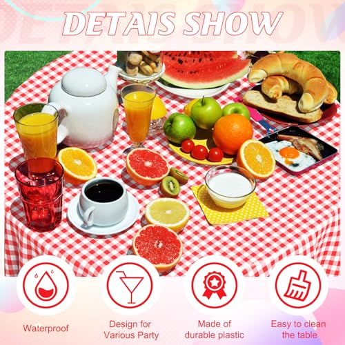 Image of 12 Pack Red and White Plastic Checkered Tablecloth Round, Premium Decorative Disposable Red Gingham Plaid Table Cloths for Parties, Round Party Table Cover for Picnic Farm Birthday Wedding, 84 Inch