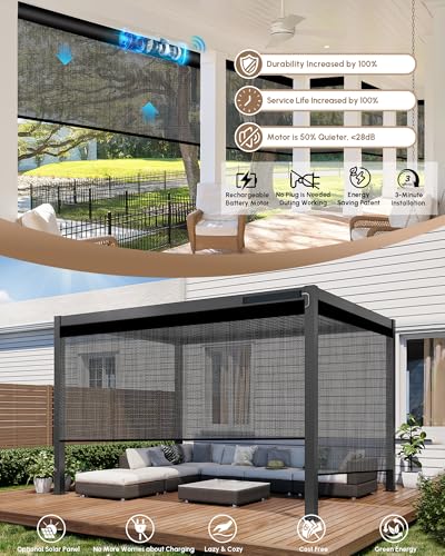 Image of Kincmo Motorized Outdoor Shades for Patio Porch, Custom Outdoor Motorized Blinds with Remote, Waterproof & Windproof Patio Shades Work with Apple Home,Alexa,Google (Texture Medium Grey-5% Openness)