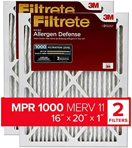 Filtrete 16x20x1 Air Filter, MPR 1000, MERV 11, Micro Allergen Defense 3-Month Pleated 1-Inch Air Filters, 2 Filters