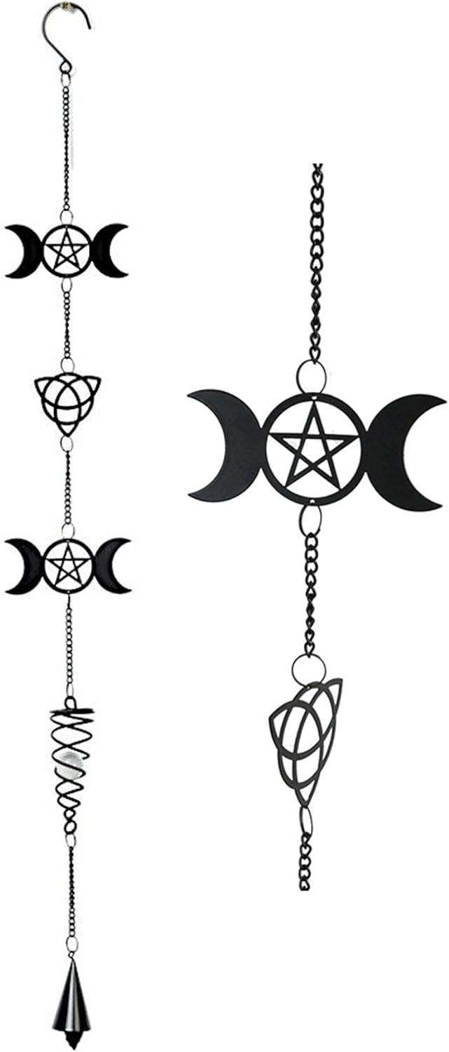 Ebros Gift Wicca Occult Triskele Triple Moon Spiral Goddess Black Coated Steel Metal Wall Hanging Wind Chime with Beads Home and Patio Decor Gothic Halloween Macabre Mobile Noisemaker