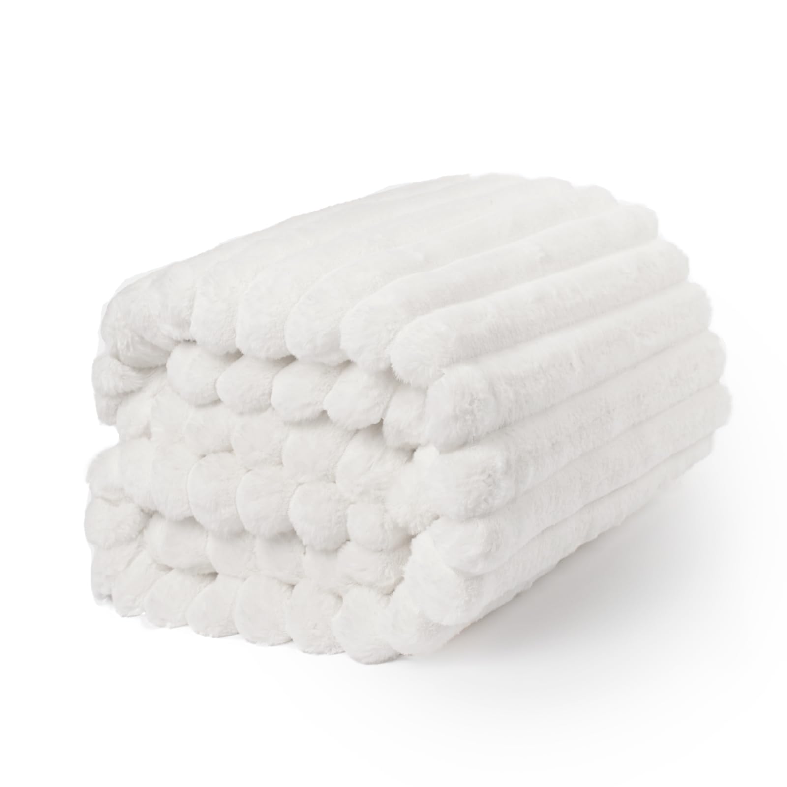 OHS Super Soft Faux Fur Ribbed Throw - White Fleece Bed Blanket - 150cm x 200cm