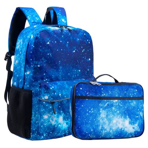 Fenrici Kids Backpack with Lunch Box Set for Boys and Girls, School Bag with Laptop Compartment and Insulated Lunch Bag, Galaxy Blue