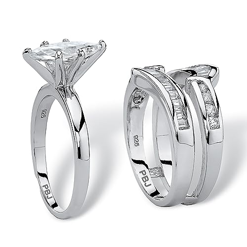 PalmBeach Sterling Silver Marquise Shaped Cubic Zirconia 3 Piece Bridal Ring Set Sizes 6-102