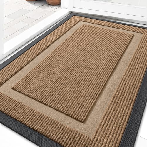 OLANLY Front Door Mat Indoor Outdoor Entrance, Waterproof All-Season, All-Weather Doormat, Sturdy Natural Rubber, Fade Resistant, Low Profile, Easy Clean Patio Porch Entryway Mat, 29.5x17, Light Brown