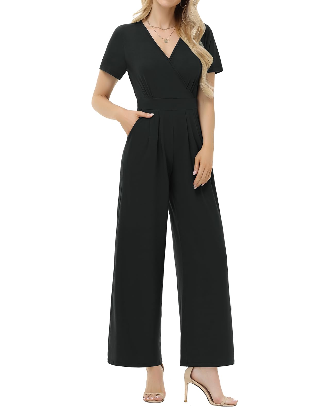 Tanmolo Damen Jumpsuit Elegant Sommer Kurzarm V-Ausschnitt Overall Weites Bein Romper Mit Taschen