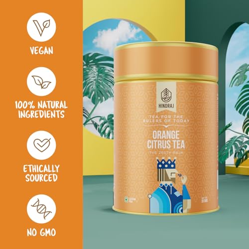 Image of Hindraj The Zesty Raja Orange Green Tea Loose Leaves 100 g Organic Fruit Blend Green Tea Caffeine Boost, Refreshing Citrus Flavor, No Added Sugar