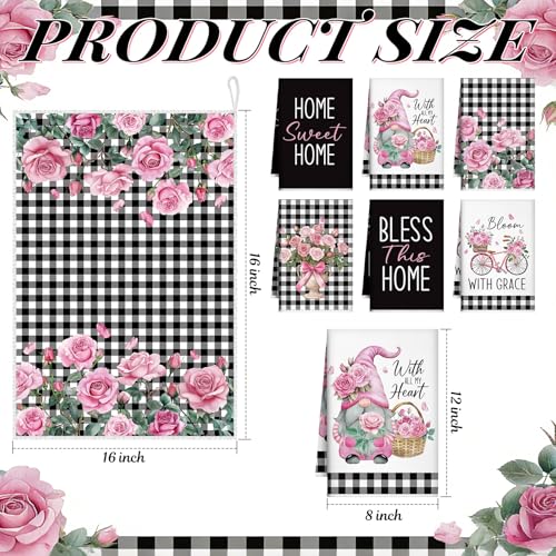 Image of VitalCozy 6 Pcs Lavender Summer Kitchen Towel Set Funny Housewife Farmhouse Rustic Bath Hand Towel for Holiday Bathroom Gift, 24 x 16 Inches (Black and White,Pink Rose)
