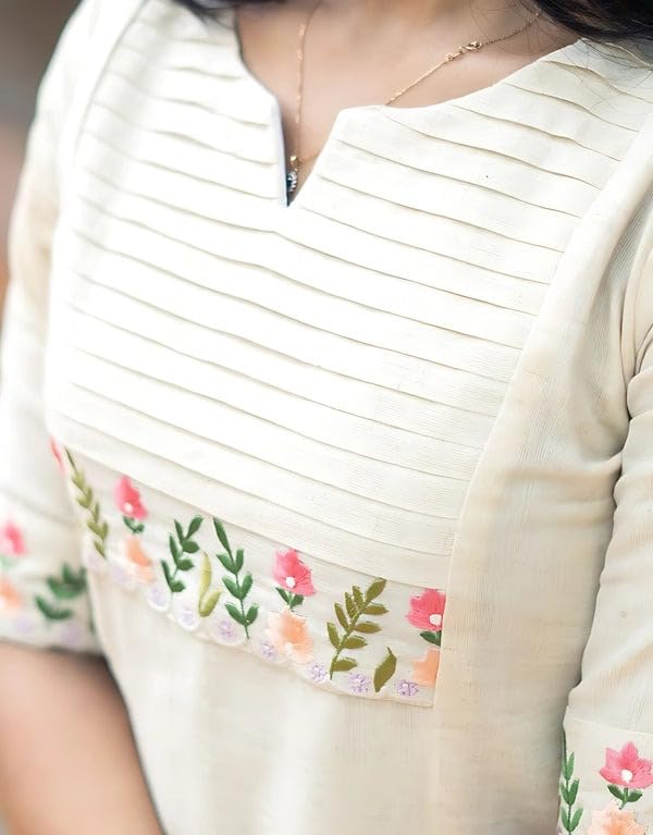 Image of eightone Women's White Cotton Straight Kurti with Floral Embroidery, Pin-Tuck Yoke, Casual Ethnic Wear