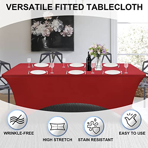 Image of OutdoorLines Fitted Tablecloths Red Table Clothes for 6 Foot Rectangle Table - Elastic Spandex Massage Bed Cover for Party, Wedding, Birthday, Banquet, Vendor