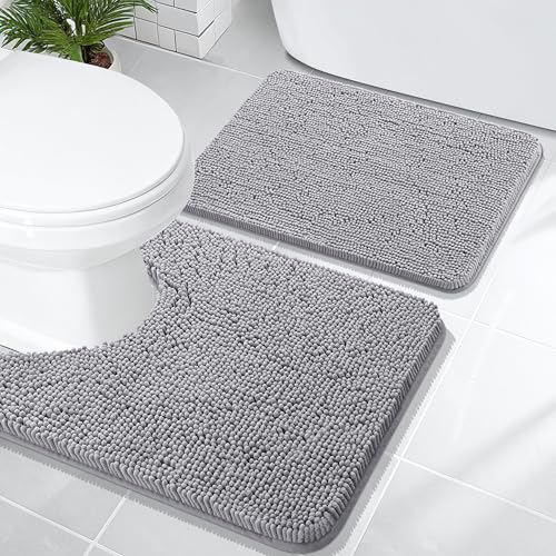 Image of OLANLY Bathroom Rugs Sets 2 Piece, Soft Absorbent Chenille Bath Mats and U-Shaped Contour Toilet Mat Area Rug Set, Machine Washable Bath Carpet, Home Decor Accessories(24 inchx16 inch+24 inchx20 inch, Grey)