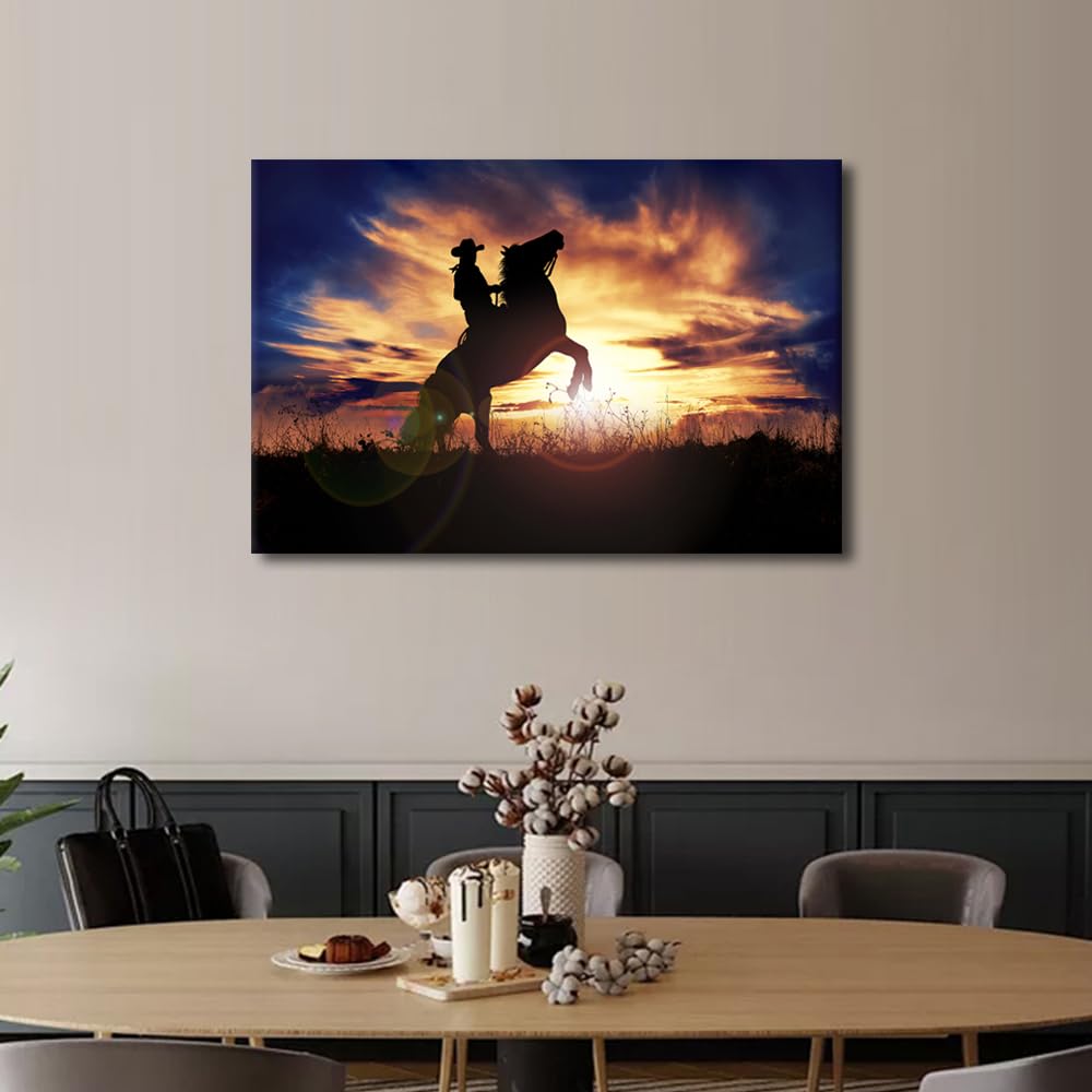 1 Panels Modern Wall Art Cowboy Rearing his Horse at Sunset Pictures Print on Canvas for Home Office Wall Decorations Stretched Framed Gallery-Wrapped Ready to Hang - Image 3