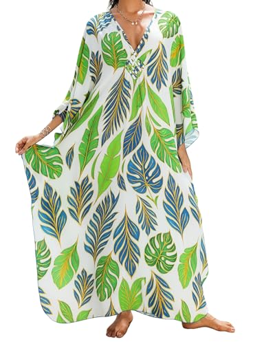 Image of Yanziliu Kaftan Dress for Women,Plus Size Hawaiian Batwing Sleeve Beach Cover Up Summer Swimsuit Dresses