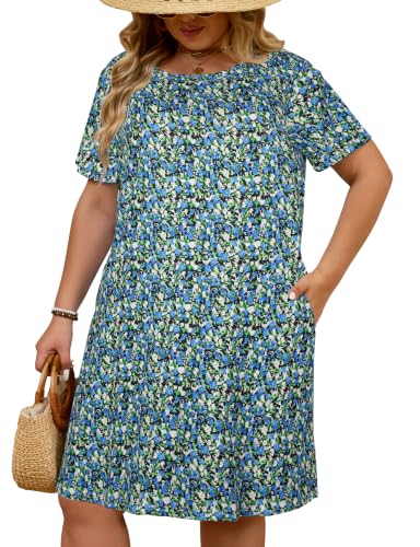 Image of Kancystore Women's Plus Size Summer Dresses Short Sleeve Casual T-Shirt Swing Dress with Pockets
