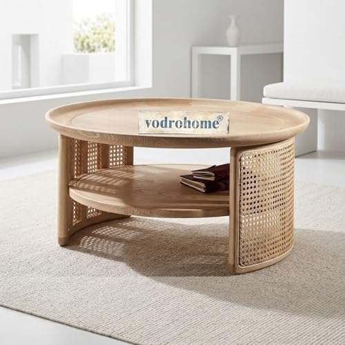 Image of Rattan Coffee Table - Cane Center Table with Shelf for Storage - Bohemian Solid Mango Wood Coffee Table for Office and Living Room C#042 (Natural Finish)