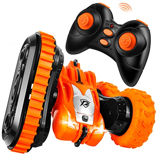 StillCool Coche Teledirigido con 2 en 1 Neumáticos, Coche de Control Remoto 2.4 GHz Gira 360u00b0 de Rotación con Acrobacias Geniales, Carga USB y Batería Recargable Regalo para Niños - Naranja