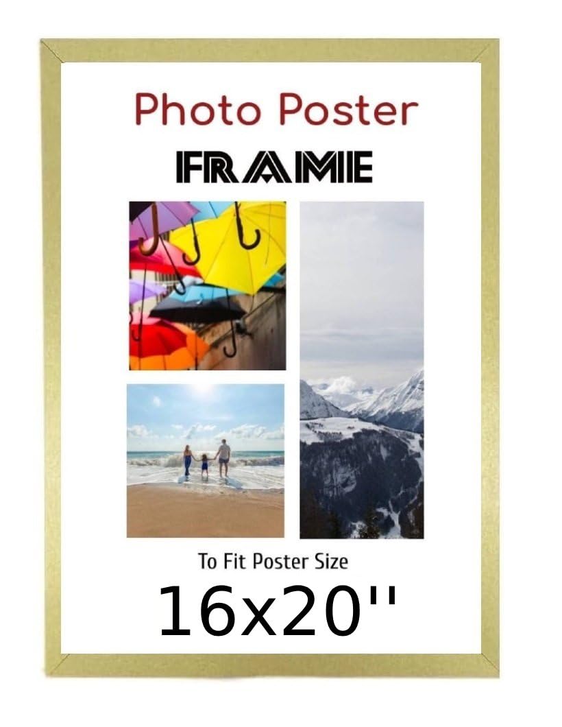Golden 16x 20 Inch Poster Frames - 16 x 20 Inch Frame- Large MDF Wooden Frames 16x20'' - Both Ways Wall Hanging Wall Gallery Living Room Picture Frame With Shatterproof Perspex Sheets