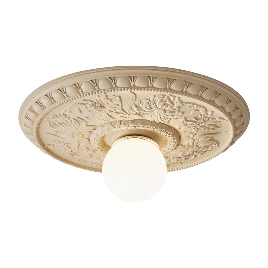 NHPJFDC French Vintage Carved Resin Ceiling Medallion Light Flush Mount Fixture with Milk White Glass Globe Shade for Bedroom Hallway Living Room Lighting Color G9 Base 11.8 Inch Diameter