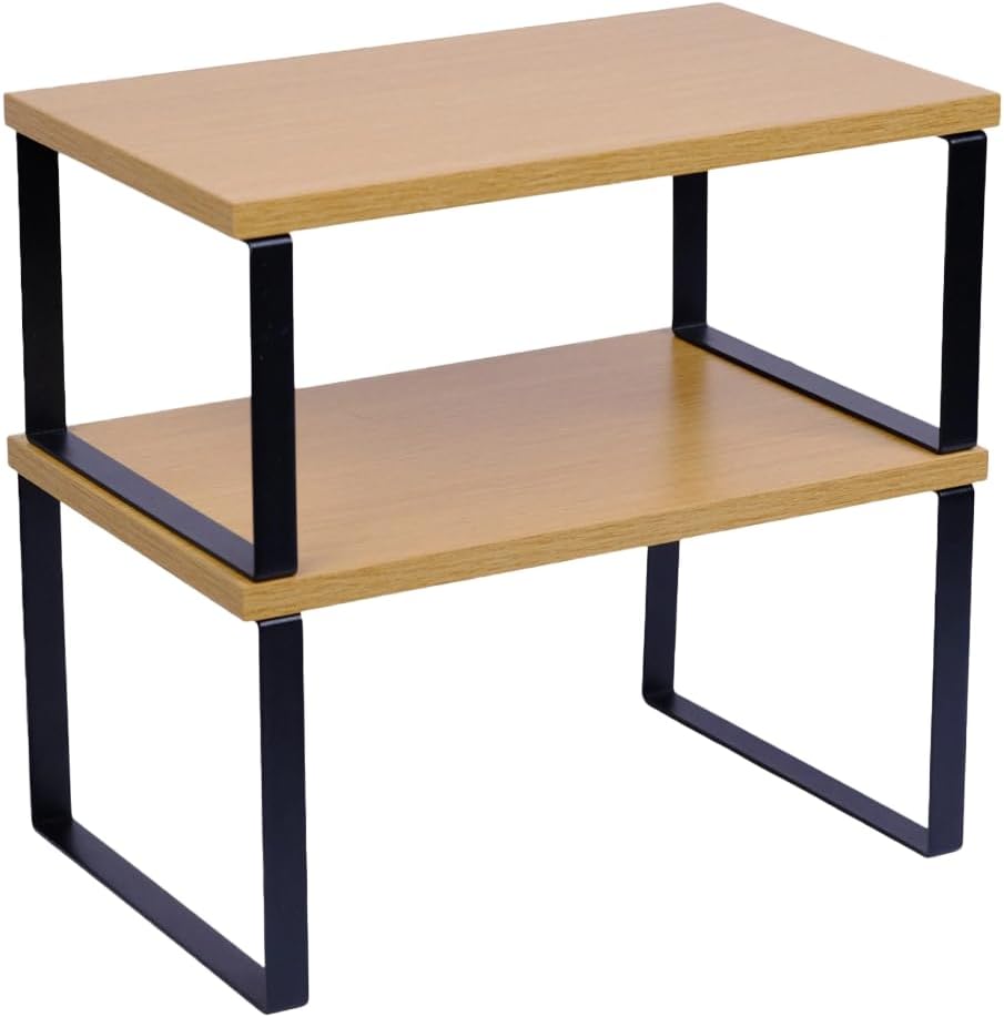 Sben Cabinet Organizer Shelf, Set of 2 Kitchen Counter Shelves, Kitchen Storage, Spice Rack, Stackable, Expandable, Metal and Engineered Wood, Ink Black and Natural Beige