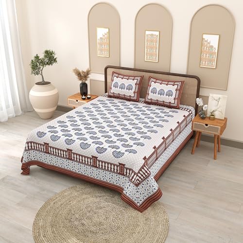 Image of 144 TC 100% Cotton Bedsheet for Double Bed King Size with 2 Pillow Covers | Breathable & Super Soft Rajasthani Sanganeri Jaipuri Printed Bed Sheet - 90 * 108 Inches (Jaipuri)