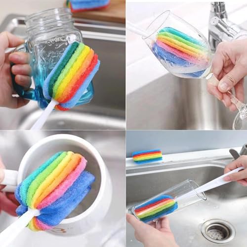 Image of 3PCS Cleaning Bottle Sponge Brush with Long Handle Scouring Pad Scrub Brushes for Kitchen Clean Glasses Mugs Cups