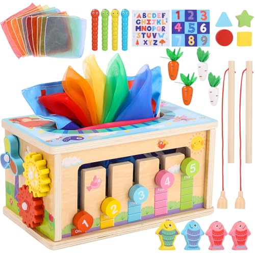 Yulado Montessori Spielzeug ab 1 2 3 Jahr,6-in-1 Tücherbox mit Knistertuch, Motorikwürfel Holzspielzeug,Kinder Holzspielzeug Motorikspielzeug ab 1 Jahr