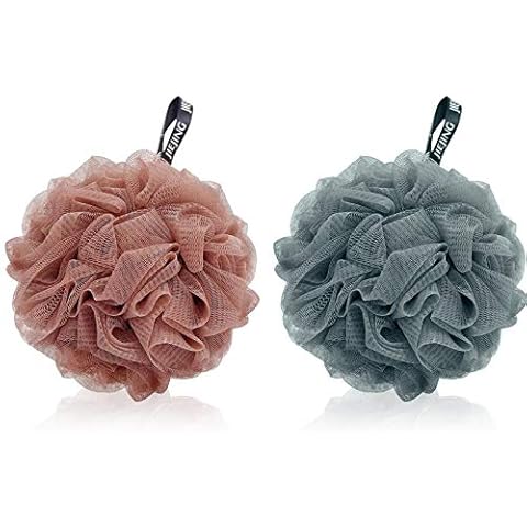 DIQC 2 Pack Shower Sponge Exfoliating Bath Shower Body Puff Scrunchie Mesh Pouf Bathroom Sponge Skin Exfoliating Shower Sponge Mesh Loofah Sponge Shower Ball Soft Bath Sponge (Brown & Blue) Cover