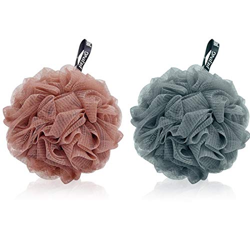 DIQC 2 Pack Shower Sponge Exfoliating Bath Shower Body Puff Scrunchie Mesh Pouf Bathroom Sponge Skin Exfoliating Shower Sponge Mesh Loofah Sponge Shower Ball Soft Bath Sponge (Brown & Blue)