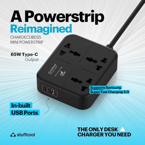 Image of Stuffcool ChargeCube 65 Mini Extension Board with 65W GaN Fast Charging, 3 Universal AC Sockets & Dual USB Ports, Charges Laptops, iPhones, Pixels 50% in 30 mins, Supports Samsung SFC 2.0
