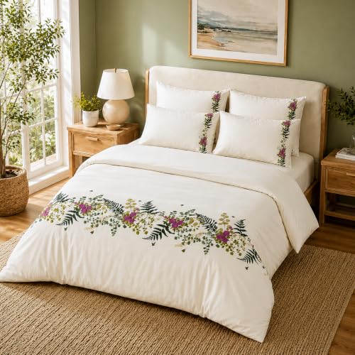 Image of Embroidered Premium Bedsheet Set | 300 TC 100% Cotton 1 Queen Bedsheet Set | Extra Smoothness with Sateen Weave| Autumn Ivory Bedsheet Set (1 Flat Sheet + 2 Pillow Cases)