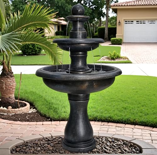 Image of SunJet 45.2 inch High 3-Tiers Modern Concrete Outdoor Water Fountain - Round Large Outdoor Fountains and Waterfalls for Garden, Patio, Yard, and Deck Decor, Featuring Natural Stone Look (Black, 45.2inch)
