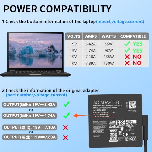 Image of 90W Laptop Charger Compatible with Asus Vg27aq Vg32vq Vg279qm K53 K53B K53BY K53E Q524Uq Q534Ux Q524Uq-Bbi7T1 Q524Uq U500V Adp-90Le B Laptop Power Adapter