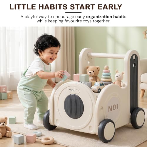 Image of Baybee 4 in 1 Baby Push Walker & Shopping Cart for Kids, Convertible Ride-On Toy, Pull Cart & Toy Organizer, Storage Compartments, Secure Rope Grip, Smooth Wheels & Rounded Edges | Walking Support for 0-3 Years (Black & White)