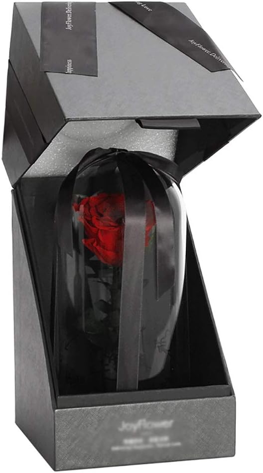 L Preserved Flower Gift Box Glass Cover Eternal Rose Red Handmade on Wooden Base Birthday for Girlfriend and Lover and Night Light String