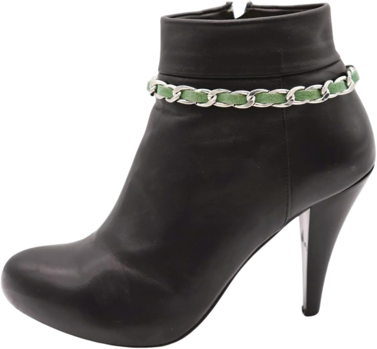 Women’s Boot Chain Anklets (PAIR) – Silver Curb Chain Woven With Green Faux Leather – Adjustable 12–15 In – Western/Cowgirl/Biker Boot Jewelry – Handmade In USA BC49